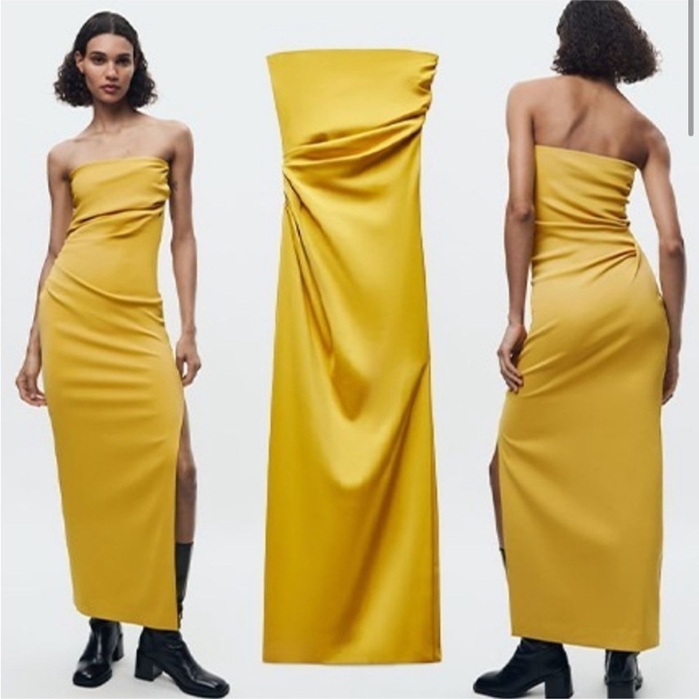 🆕(NWT) ZARA Bloggers Fav Mustard Yellow Strapless Maxi Dress Size XS. - Picture 3 of 11
